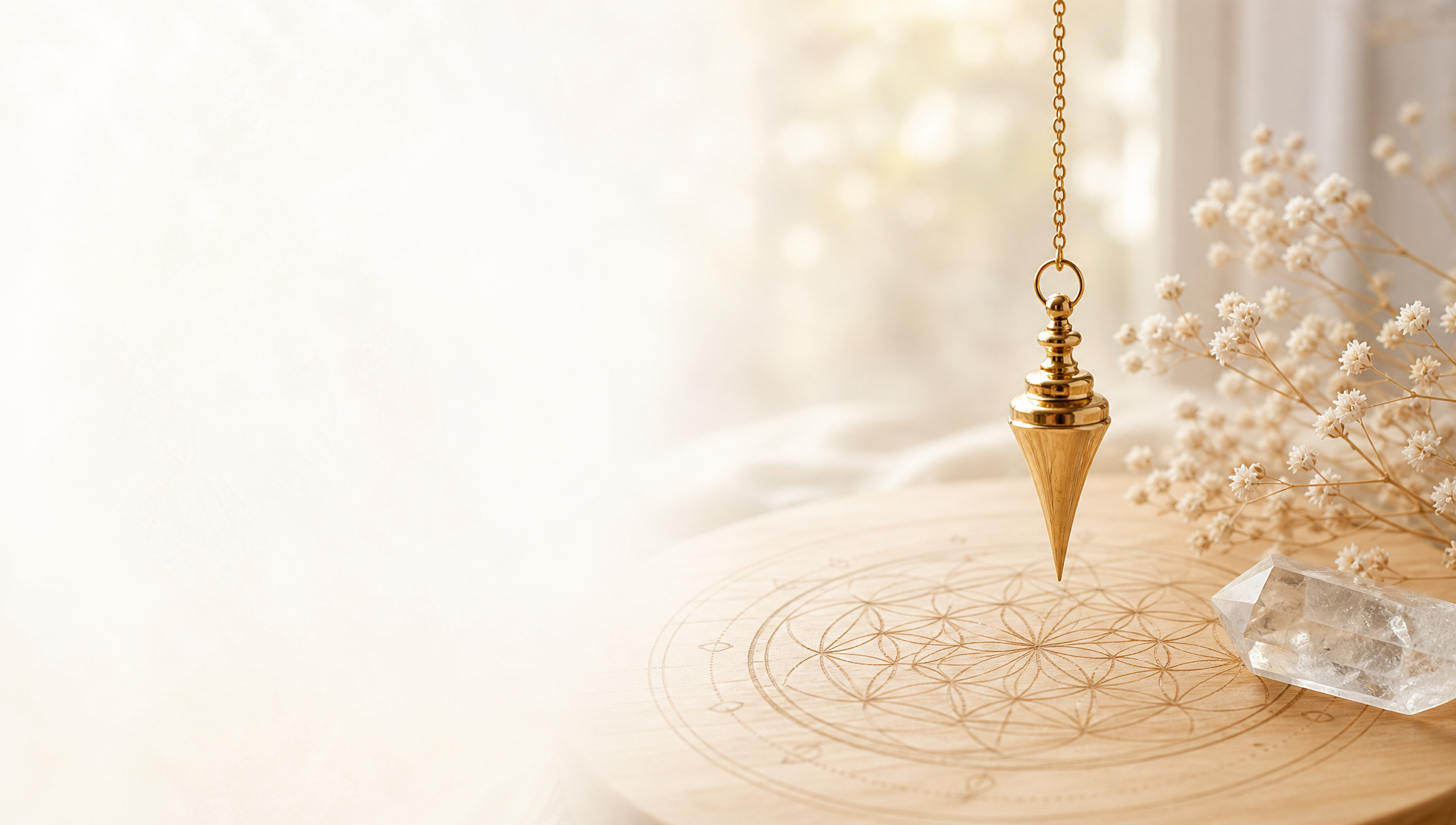 Pêndulo dourado sobre mapa de geometria sagrada com cristais e flor branca